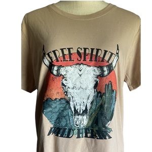 Cow Skull Print T-Shirt, Western Cowboy Style Short Sleeve Crew Neck Khaki New L